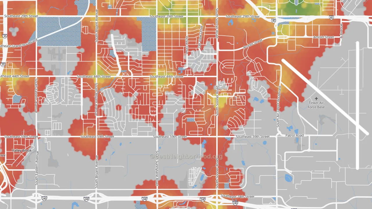 Walk Grade map of Parkview, Oklahoma City, OK, walkable areas in green and car-dependent areas in red