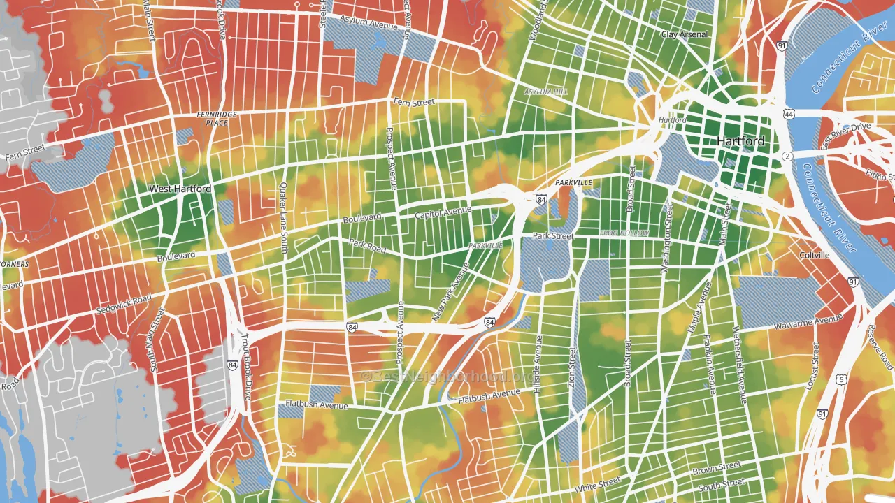 Walk Grade map of Parkville, Hartford, CT, walkable areas in green and car-dependent areas in red
