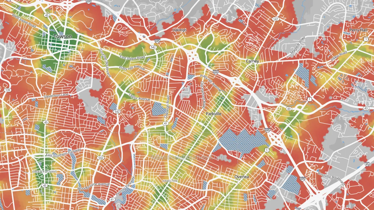 Walk Grade map of Parkville, MD, walkable areas in green and car-dependent areas in red