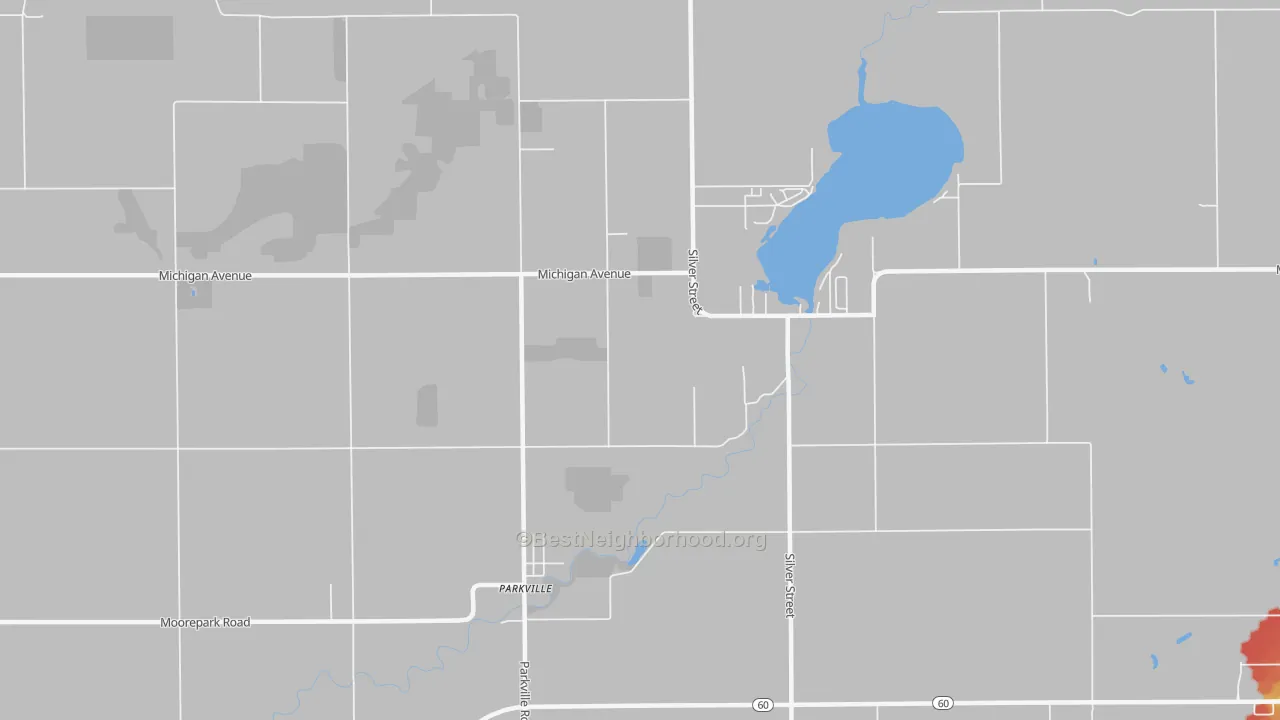 Walk Grade map of Parkville, MI, walkable areas in green and car-dependent areas in red