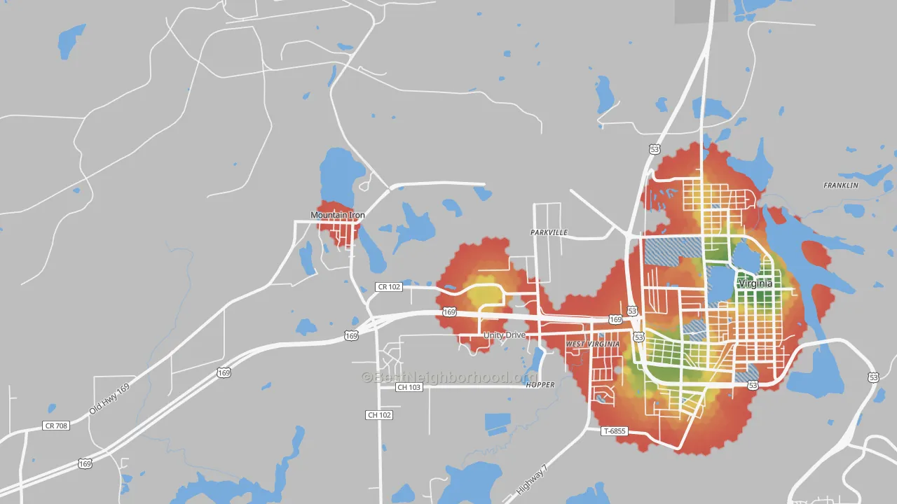 Walk Grade map of Parkville, MN, walkable areas in green and car-dependent areas in red
