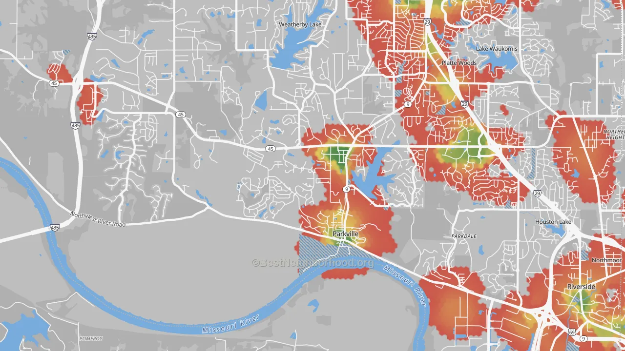 Walk Grade map of Parkville, MO, walkable areas in green and car-dependent areas in red