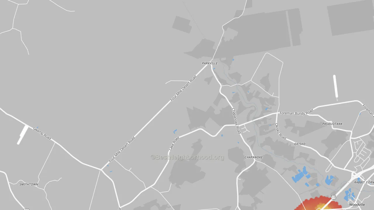 Walk Grade map of Parkville, NC, walkable areas in green and car-dependent areas in red