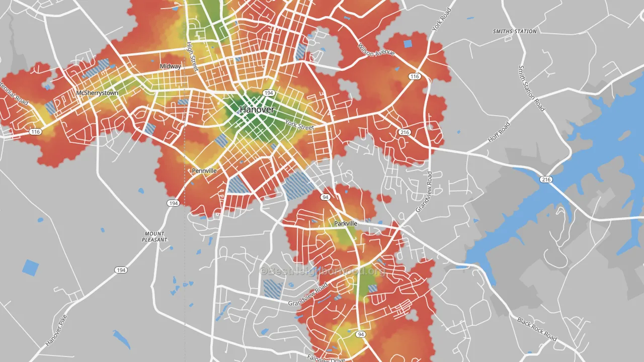 Walk Grade map of Parkville, PA, walkable areas in green and car-dependent areas in red