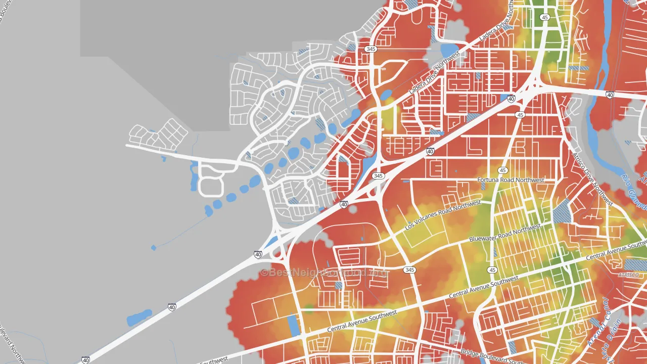 Walk Grade map of Parkway, Albuquerque, NM, walkable areas in green and car-dependent areas in red