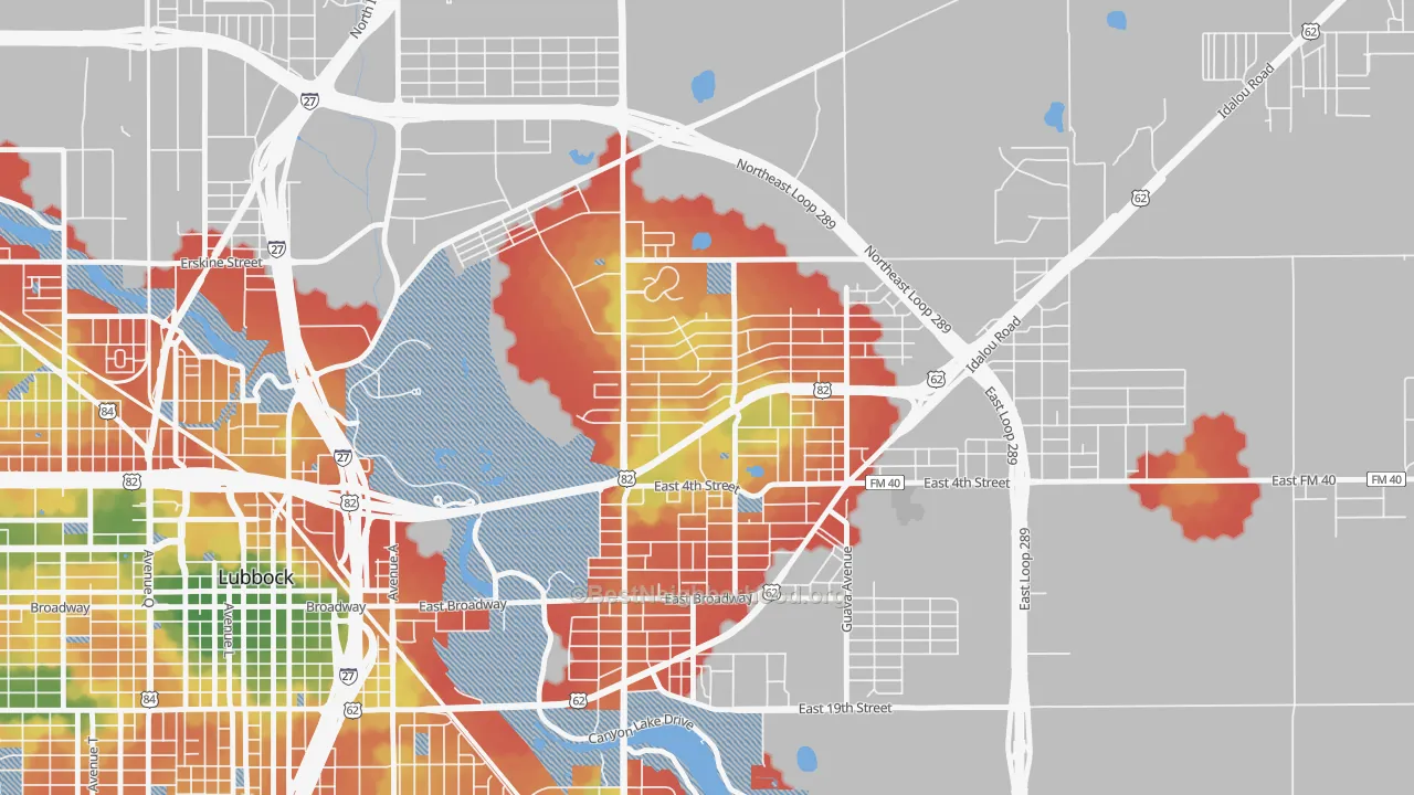Walk Grade map of Parkway and Cherry Point, Lubbock, TX, walkable areas in green and car-dependent areas in red