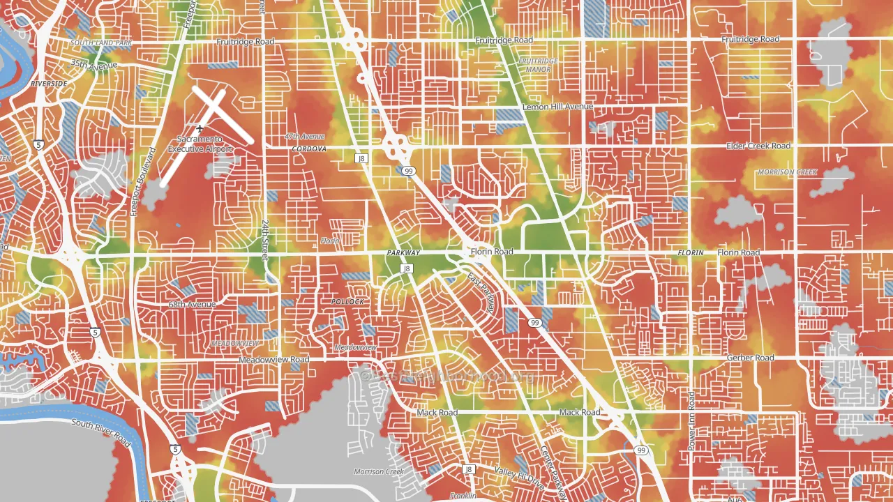 Walk Grade map of Parkway, CA, walkable areas in green and car-dependent areas in red