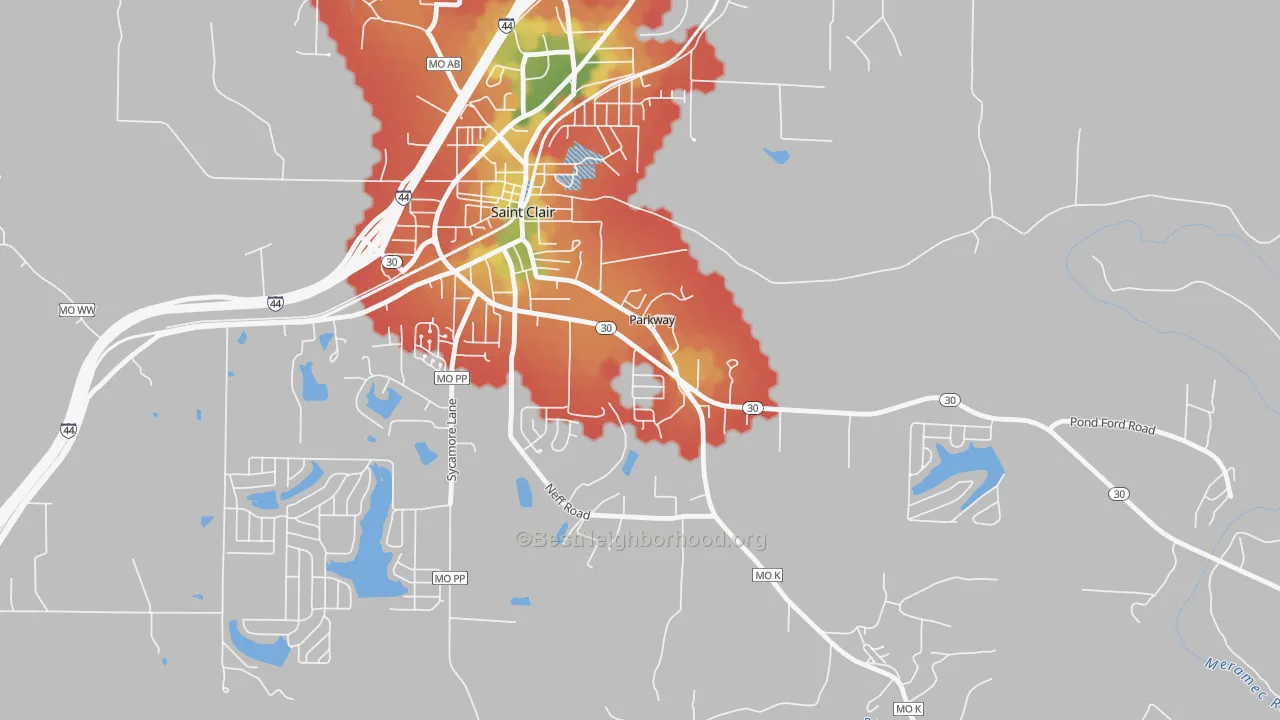 Walk Grade map of Parkway, MO, walkable areas in green and car-dependent areas in red