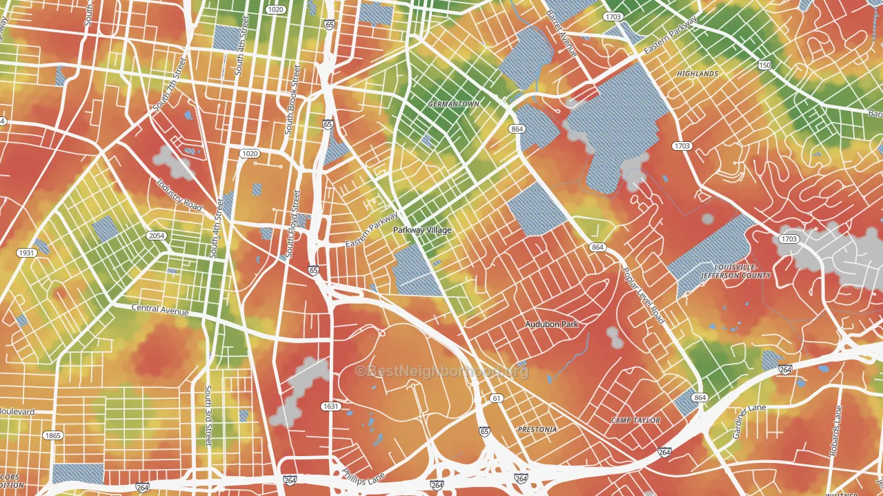 Walk Grade map of Parkway Village, KY, walkable areas in green and car-dependent areas in red