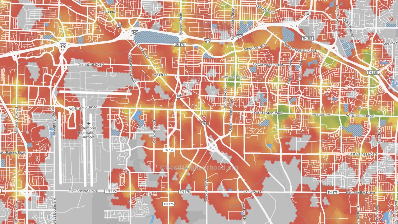 Walk Grade map of Parkway Village-Oakhaven, Memphis, TN, walkable areas in green and car-dependent areas in red