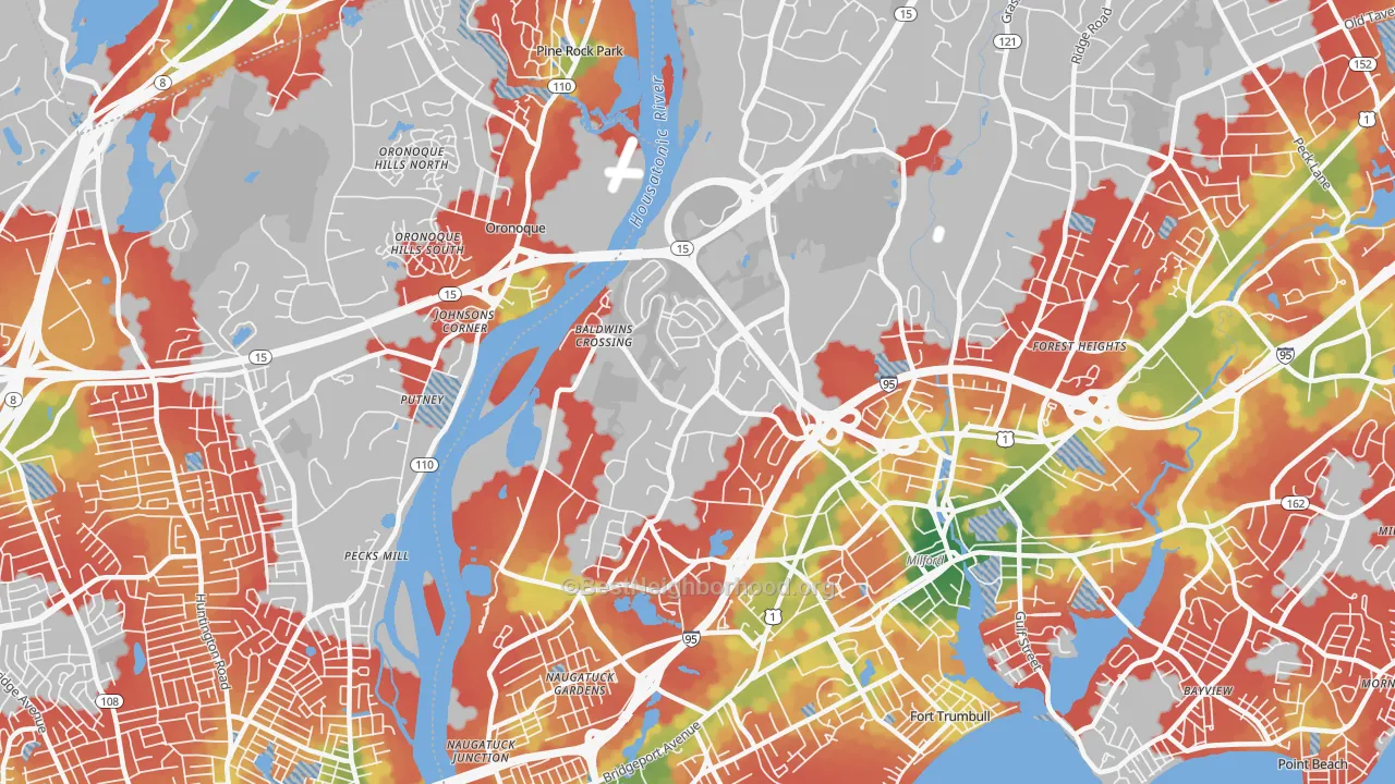 Walk Grade map of Parkway-Wheelers Farm Road, Milford, CT, walkable areas in green and car-dependent areas in red