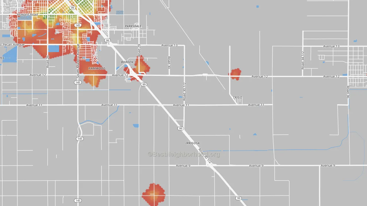 Walk Grade map of Parkwood, CA, walkable areas in green and car-dependent areas in red