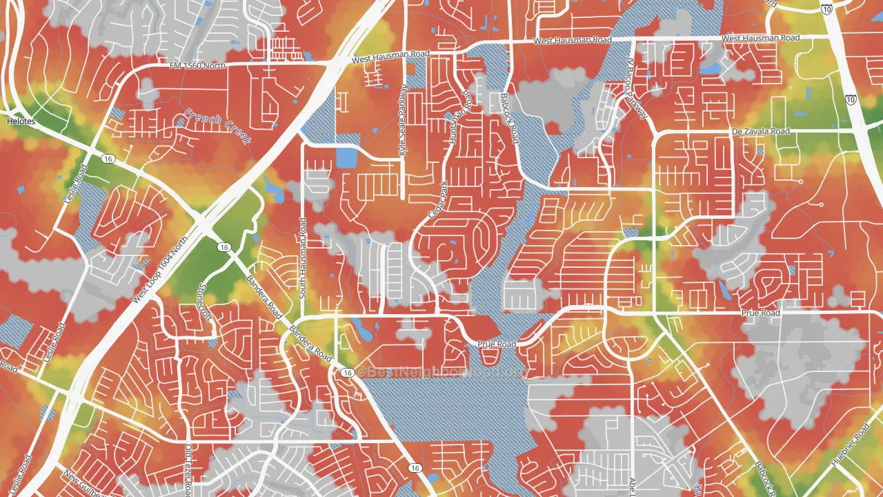 Walk Grade map of Parkwood Maintenance, San Antonio, TX, walkable areas in green and car-dependent areas in red