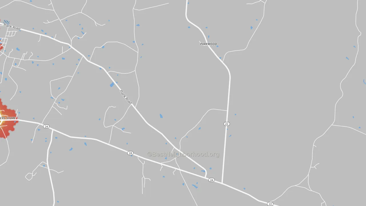 Walk Grade map of Parkwood, NC, walkable areas in green and car-dependent areas in red