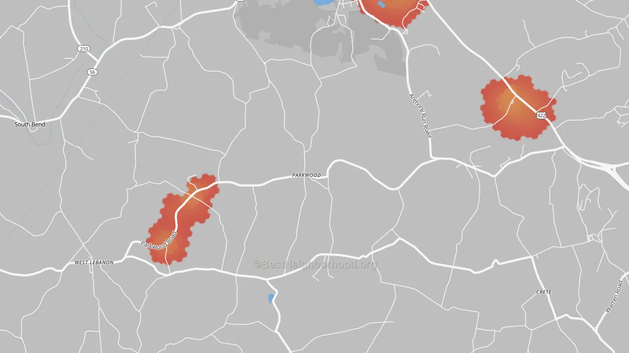 Walk Grade map of Parkwood, PA, walkable areas in green and car-dependent areas in red