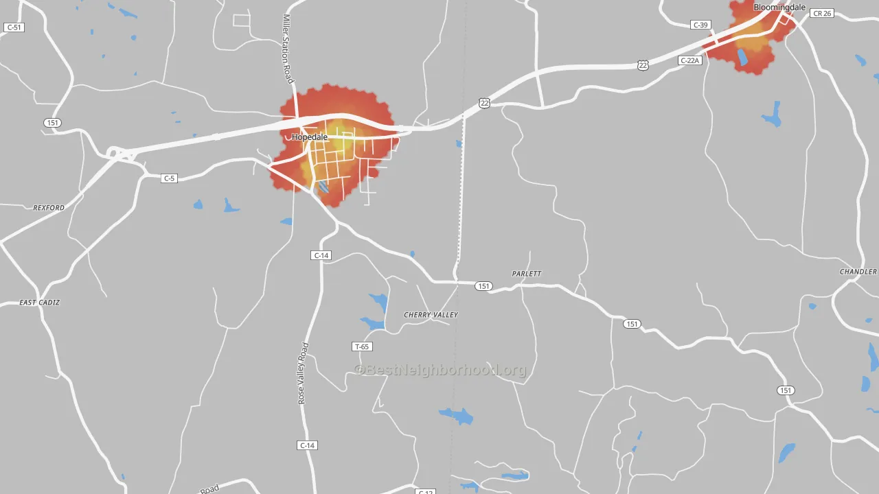 Walk Grade map of Parlett, OH, walkable areas in green and car-dependent areas in red