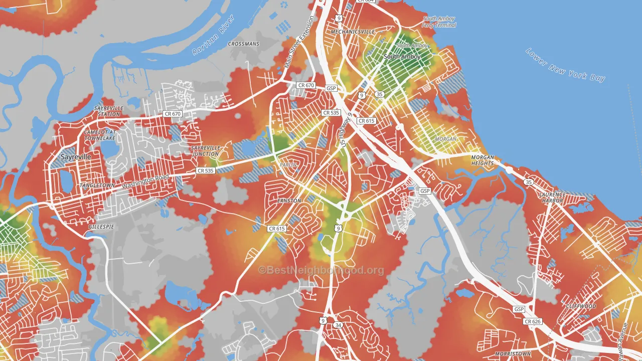 Walk Grade map of Parlin, NJ, walkable areas in green and car-dependent areas in red