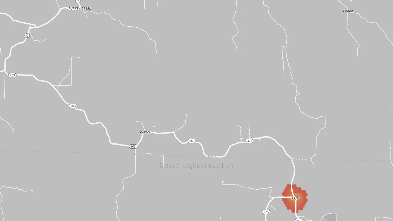 Walk Grade map of Parma, AR, walkable areas in green and car-dependent areas in red