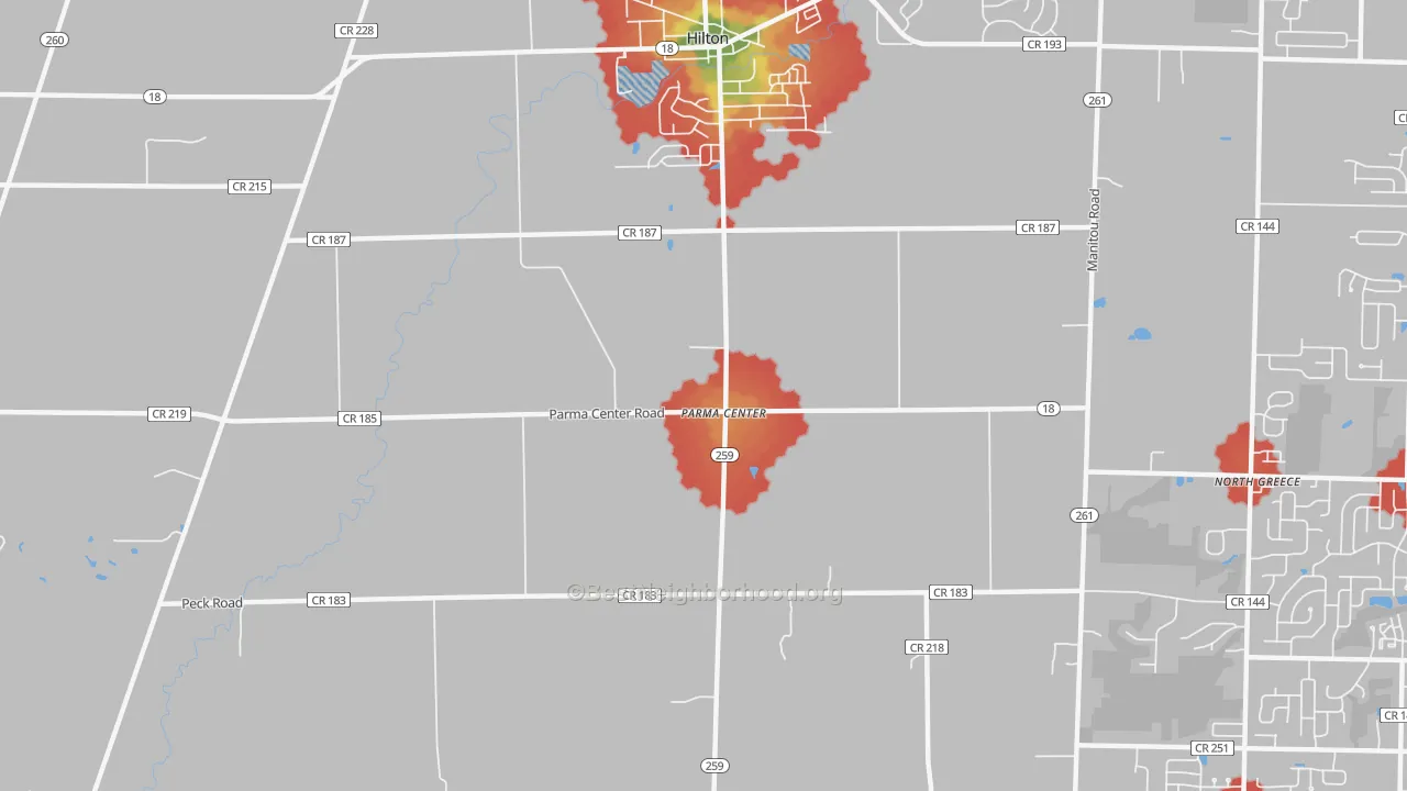 Walk Grade map of Parma Center, NY, walkable areas in green and car-dependent areas in red