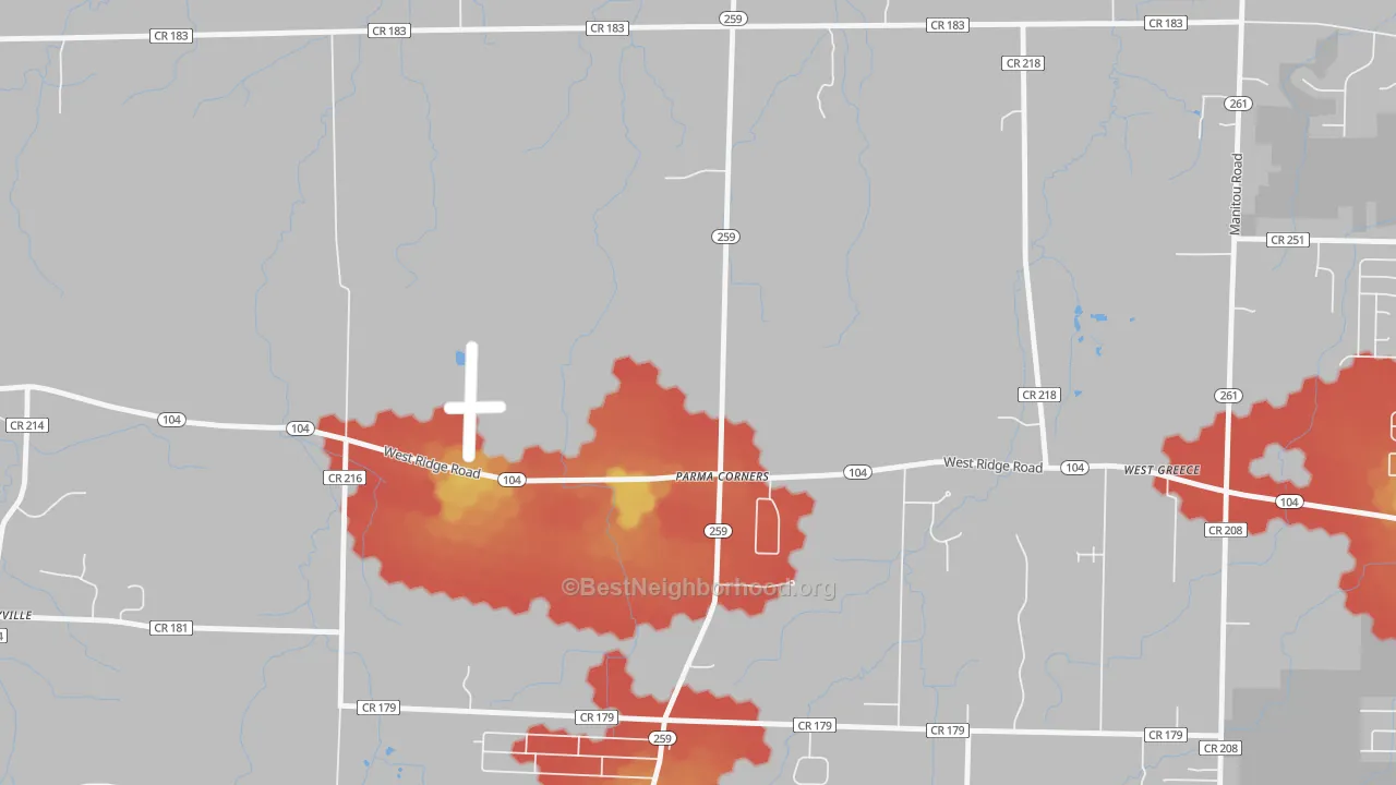 Walk Grade map of Parma Corners, NY, walkable areas in green and car-dependent areas in red