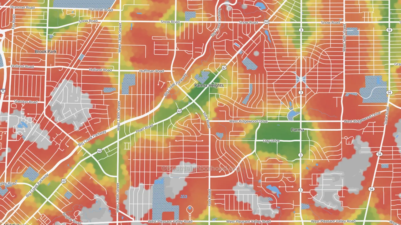 Walk Grade map of Parma Heights, OH, walkable areas in green and car-dependent areas in red