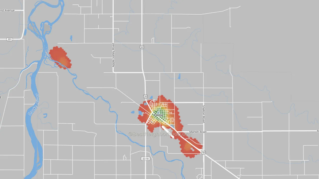 Walk Grade map of Parma, ID, walkable areas in green and car-dependent areas in red