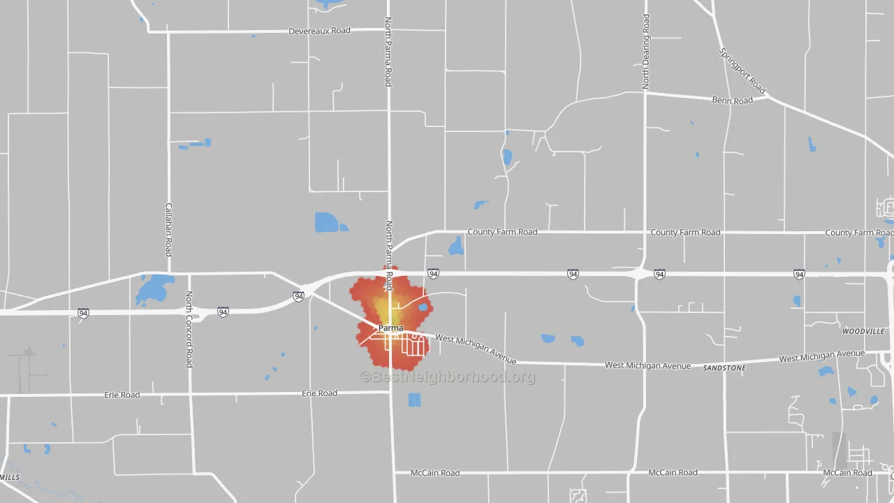 Walk Grade map of Parma, MI, walkable areas in green and car-dependent areas in red