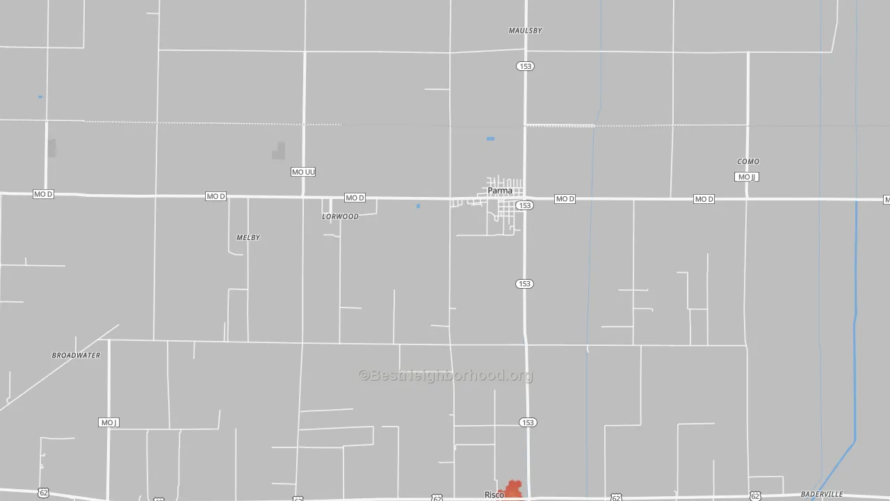 Walk Grade map of Parma, MO, walkable areas in green and car-dependent areas in red