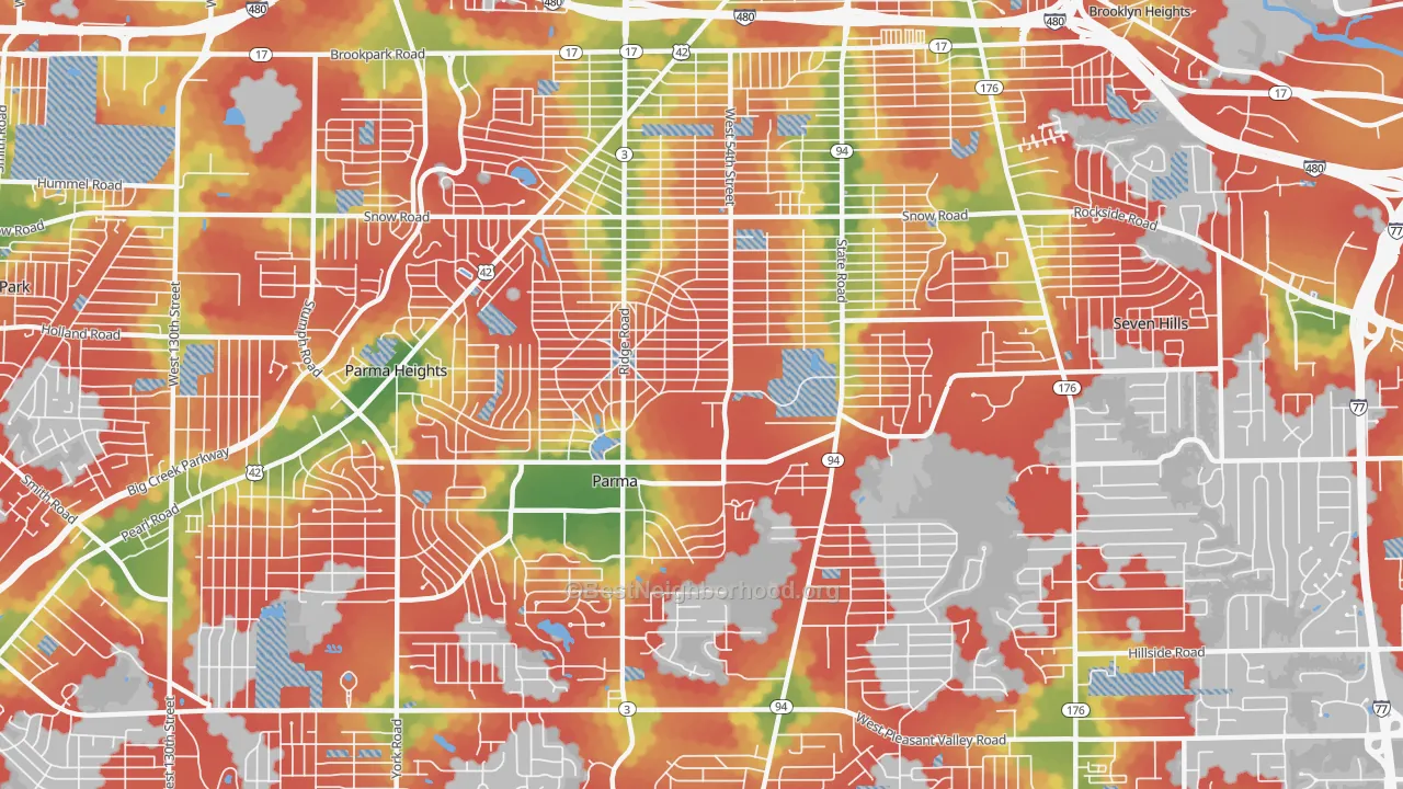 Walk Grade map of Parma, OH, walkable areas in green and car-dependent areas in red