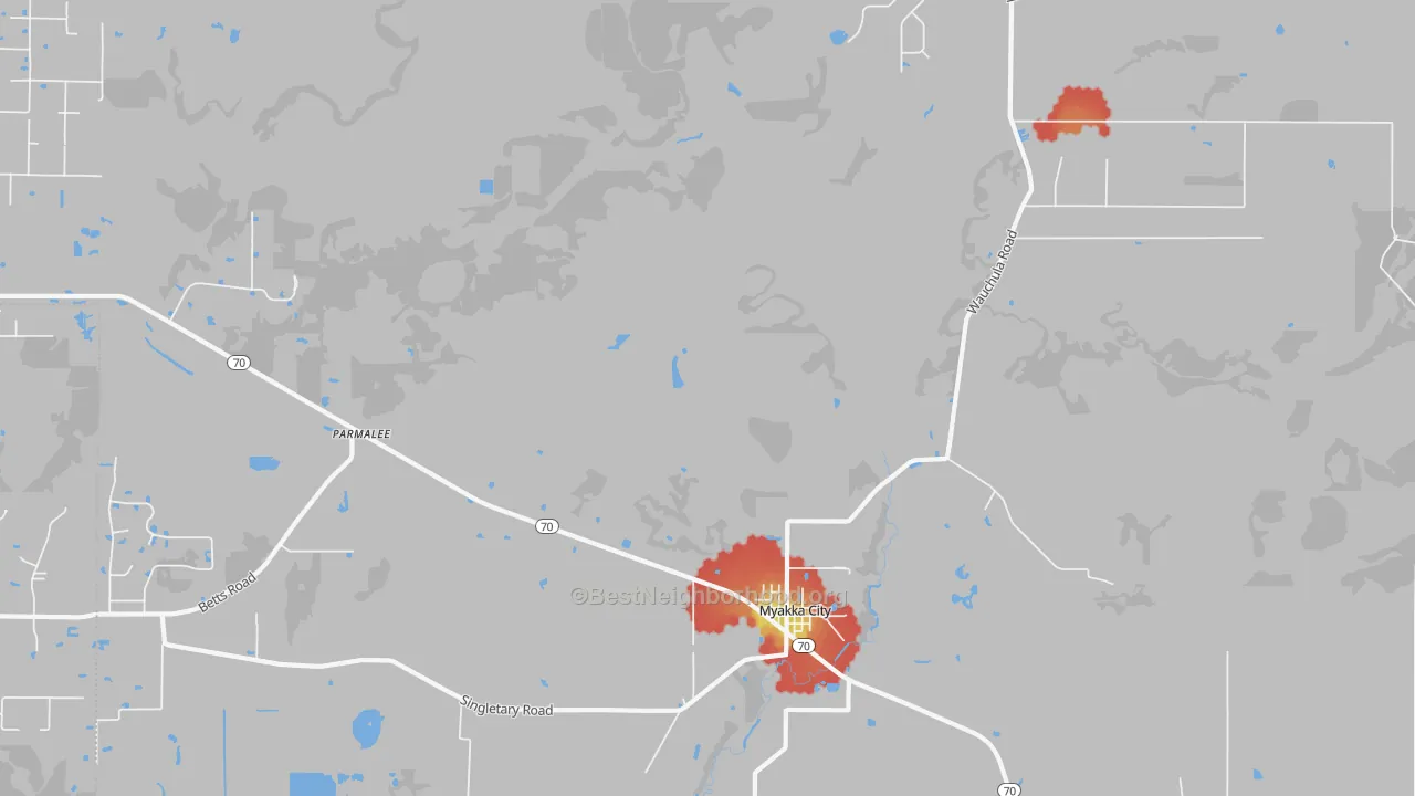 Walk Grade map of Parmalee, FL, walkable areas in green and car-dependent areas in red
