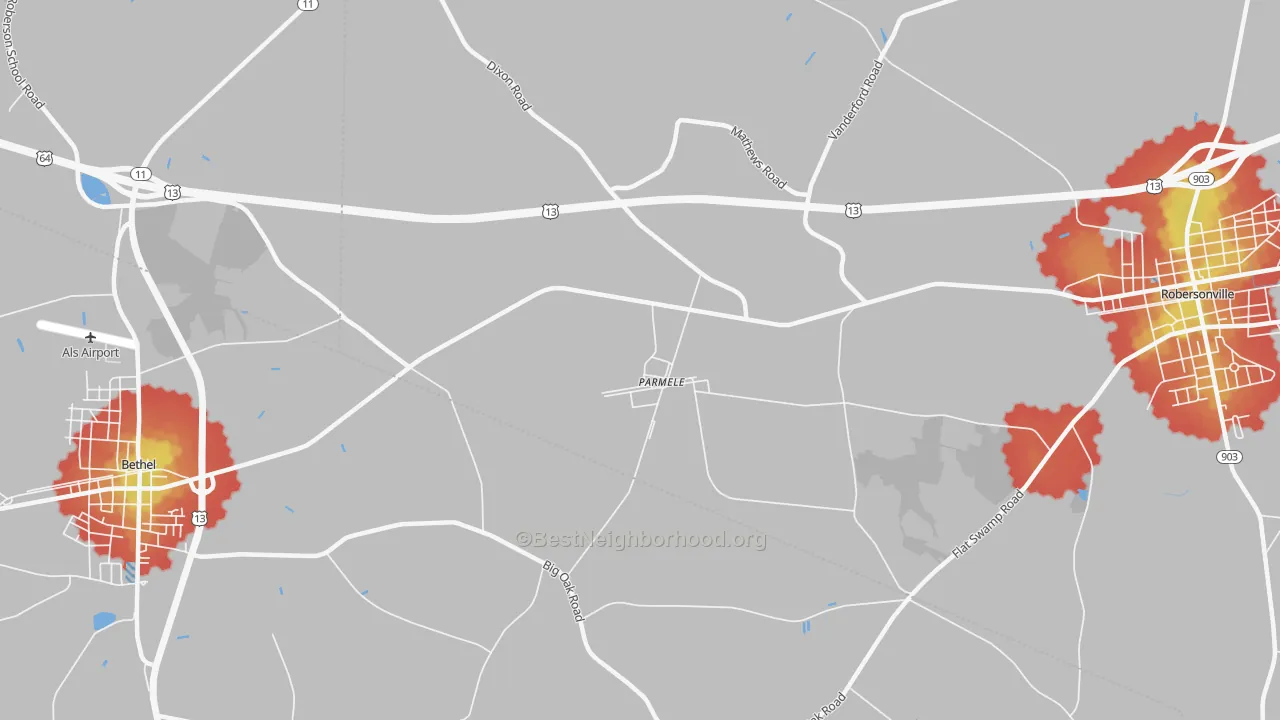 Walk Grade map of Parmele, NC, walkable areas in green and car-dependent areas in red