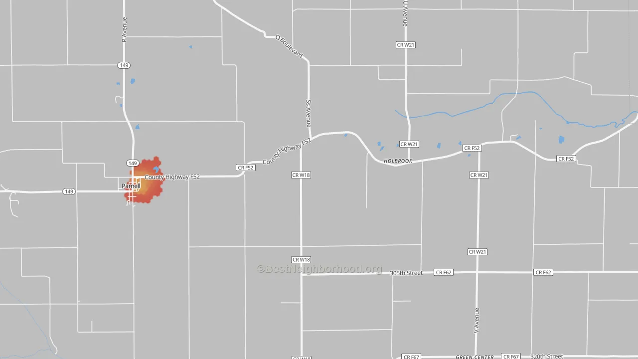 Walk Grade map of Parnell, IA, walkable areas in green and car-dependent areas in red