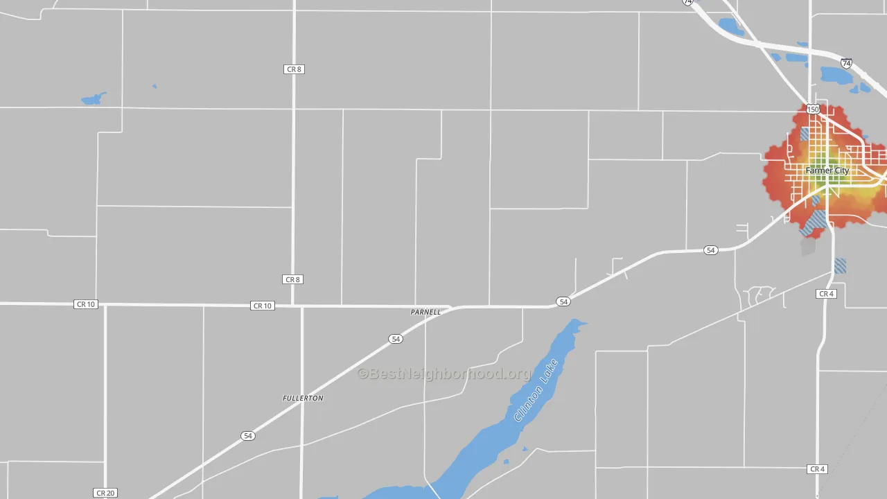 Walk Grade map of Parnell, IL, walkable areas in green and car-dependent areas in red