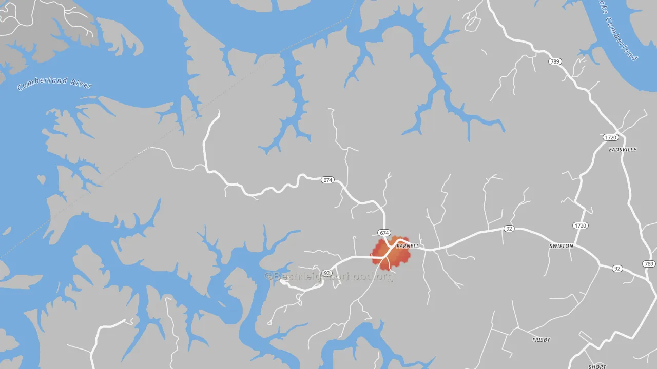 Walk Grade map of Parnell, KY, walkable areas in green and car-dependent areas in red