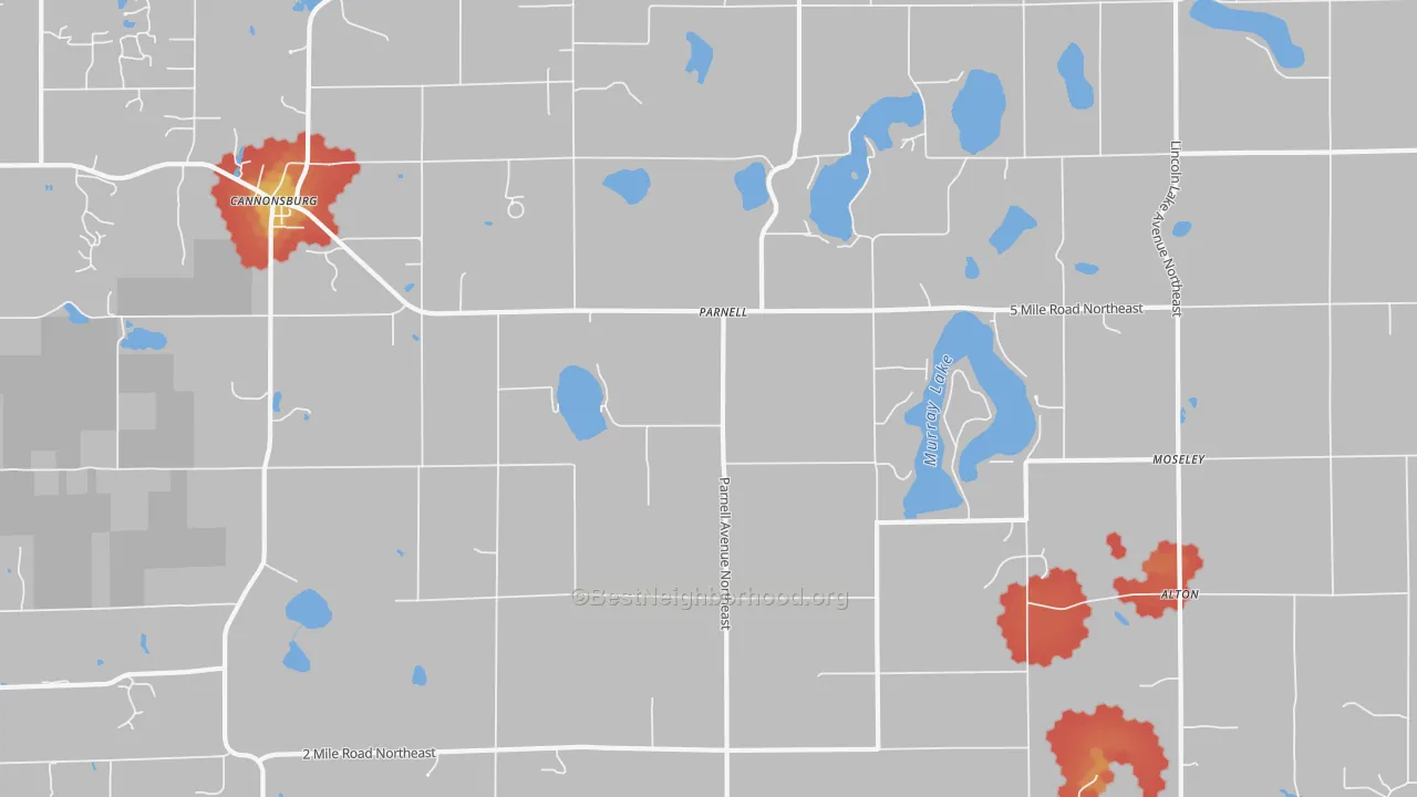 Walk Grade map of Parnell, MI, walkable areas in green and car-dependent areas in red