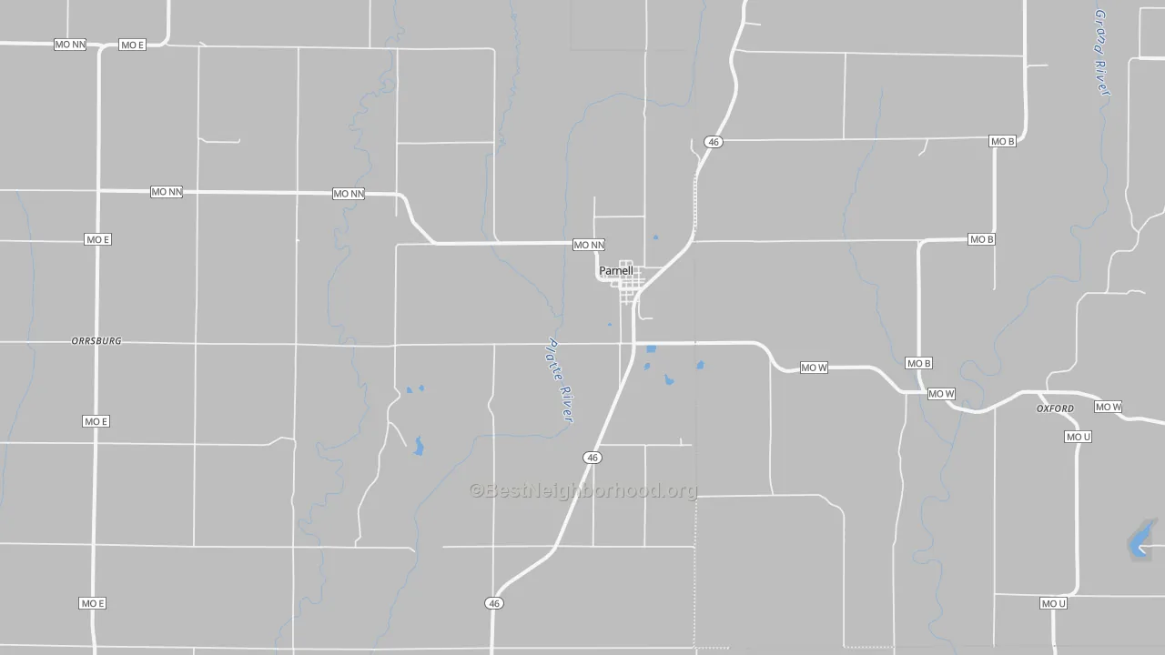 Walk Grade map of Parnell, MO, walkable areas in green and car-dependent areas in red