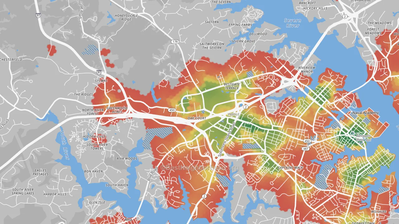 Walk Grade map of Parole, MD, walkable areas in green and car-dependent areas in red