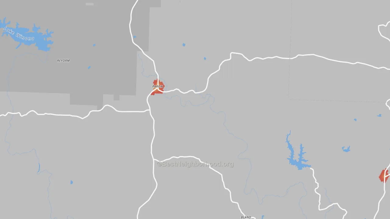 Walk Grade map of Paron, AR, walkable areas in green and car-dependent areas in red