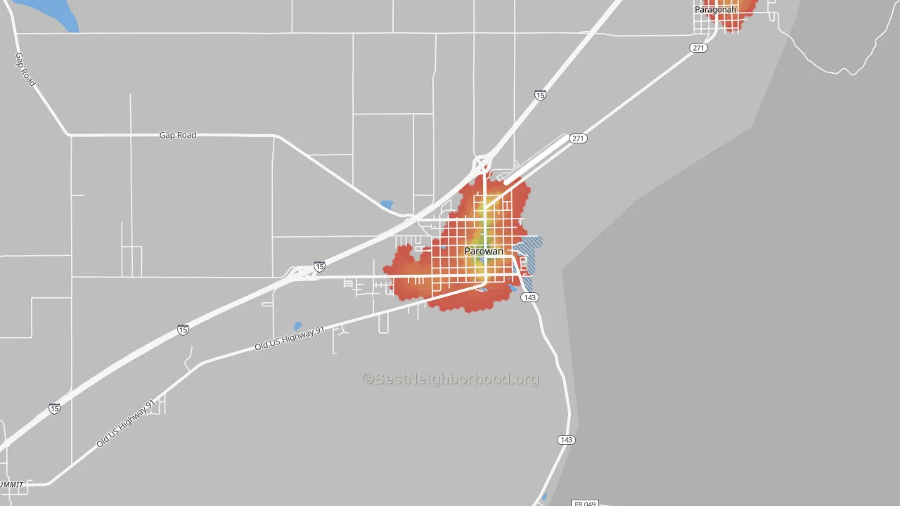 Walk Grade map of Parowan, UT, walkable areas in green and car-dependent areas in red