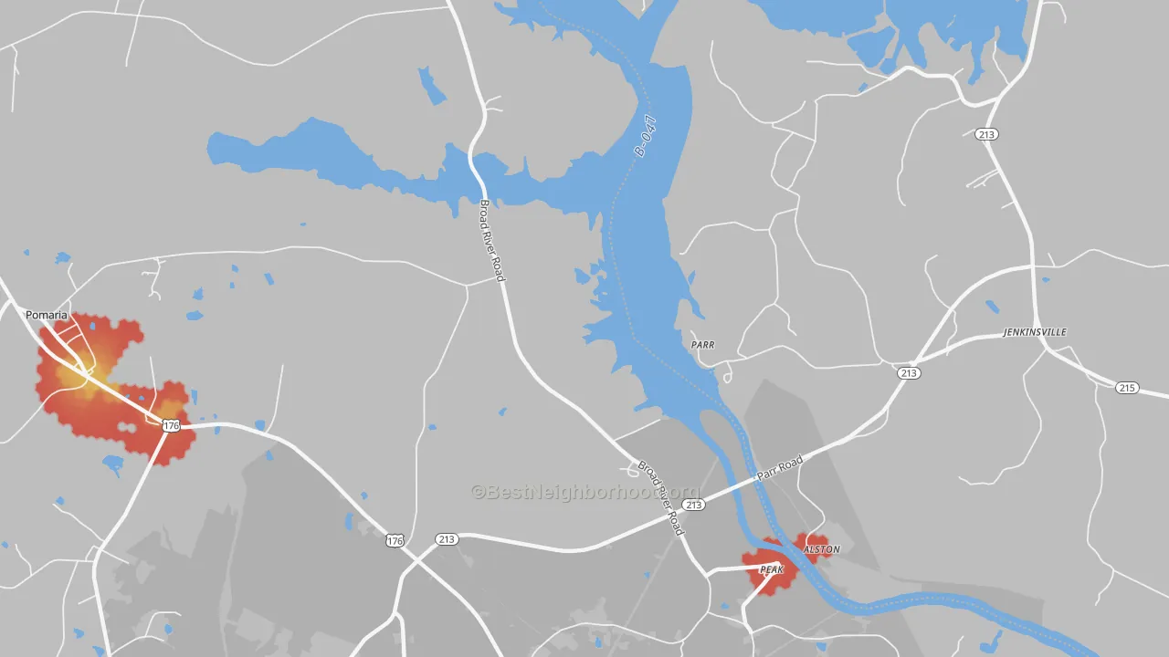 Walk Grade map of Parr, SC, walkable areas in green and car-dependent areas in red