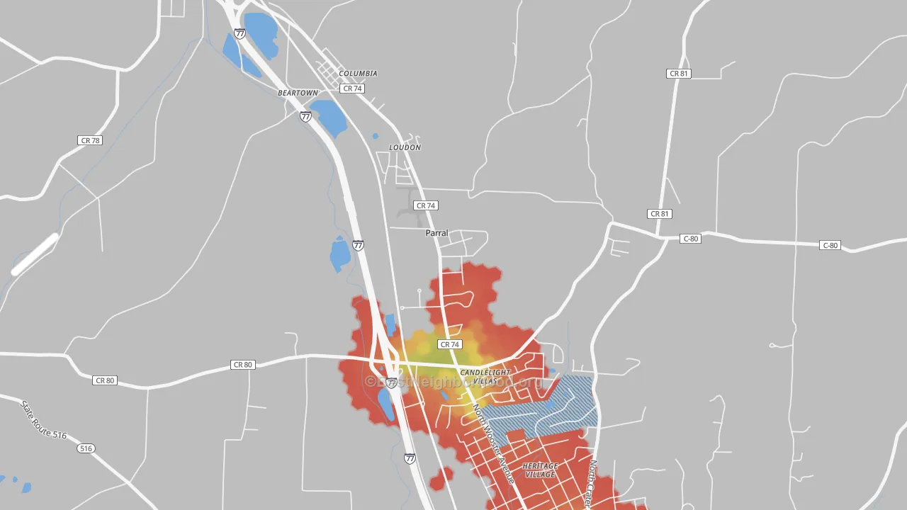 Walk Grade map of Parral, OH, walkable areas in green and car-dependent areas in red