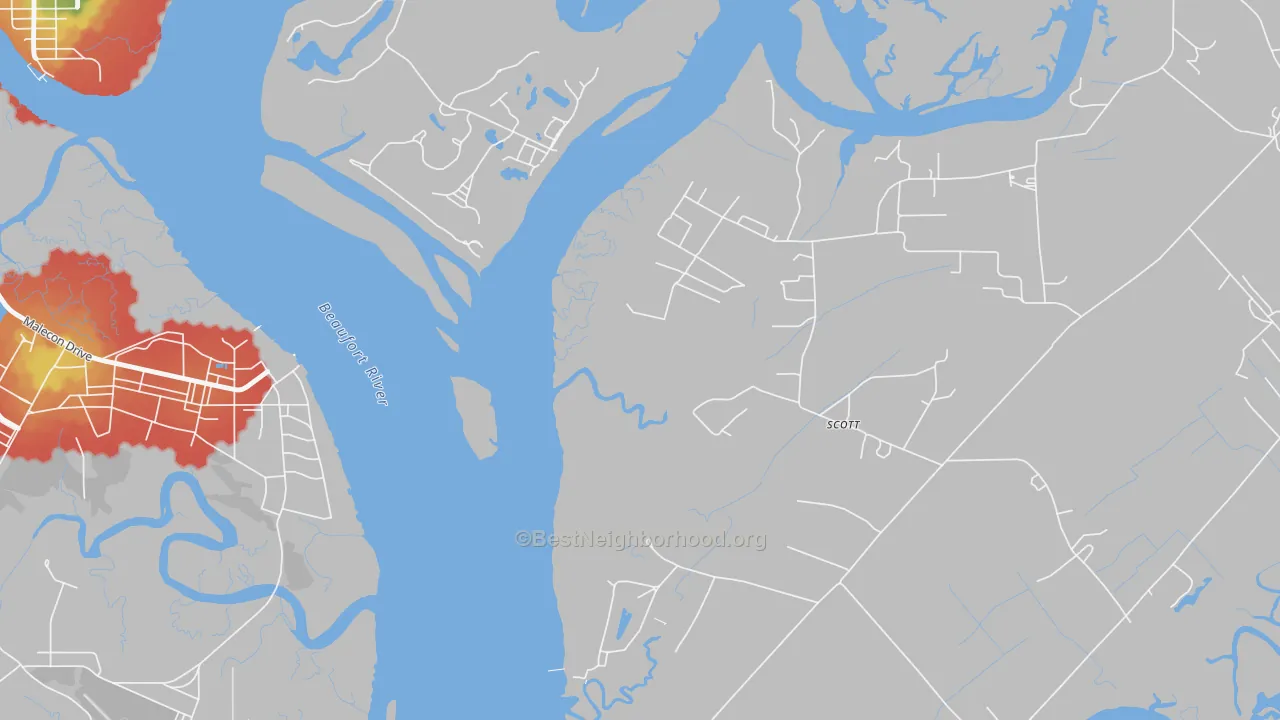 Walk Grade map of Parris Island, SC, walkable areas in green and car-dependent areas in red