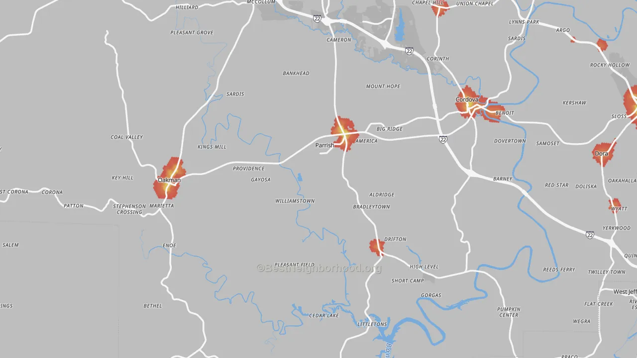 Walk Grade map of Parrish, AL, walkable areas in green and car-dependent areas in red