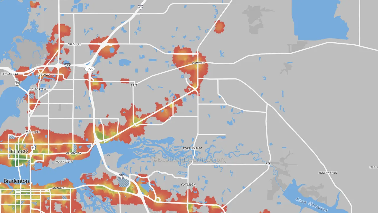 Walk Grade map of Parrish, FL, walkable areas in green and car-dependent areas in red