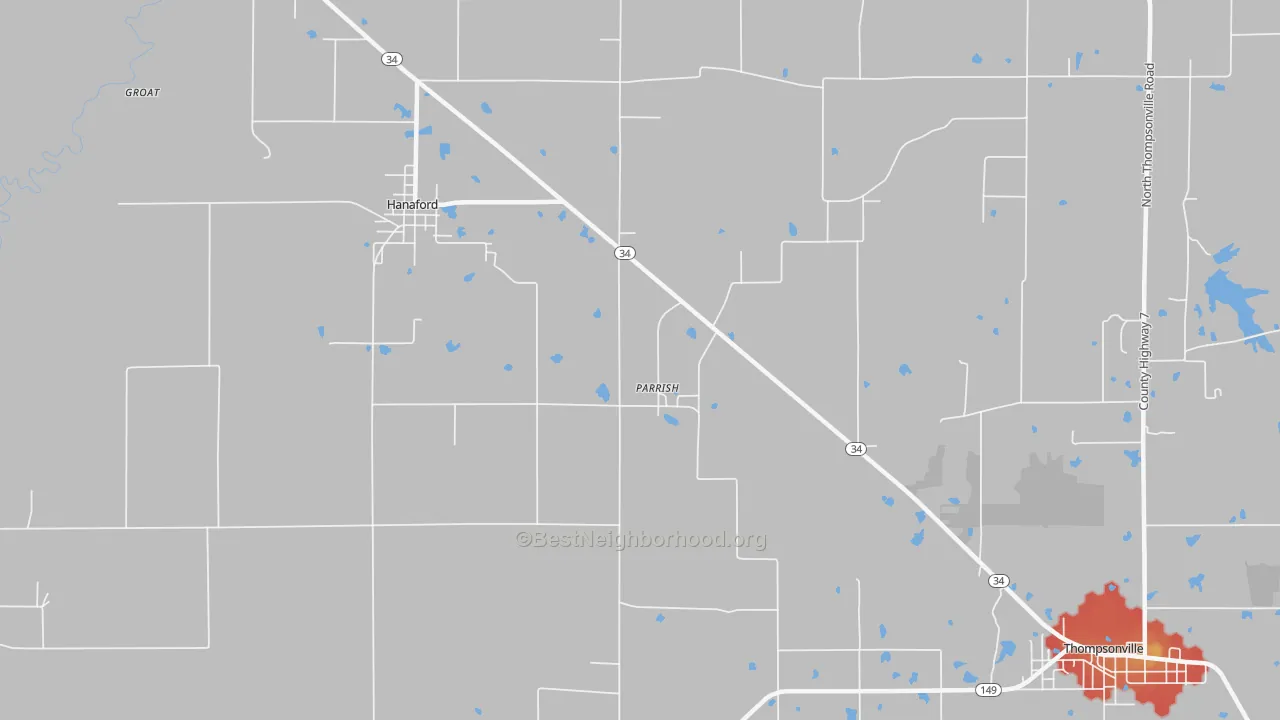 Walk Grade map of Parrish, IL, walkable areas in green and car-dependent areas in red