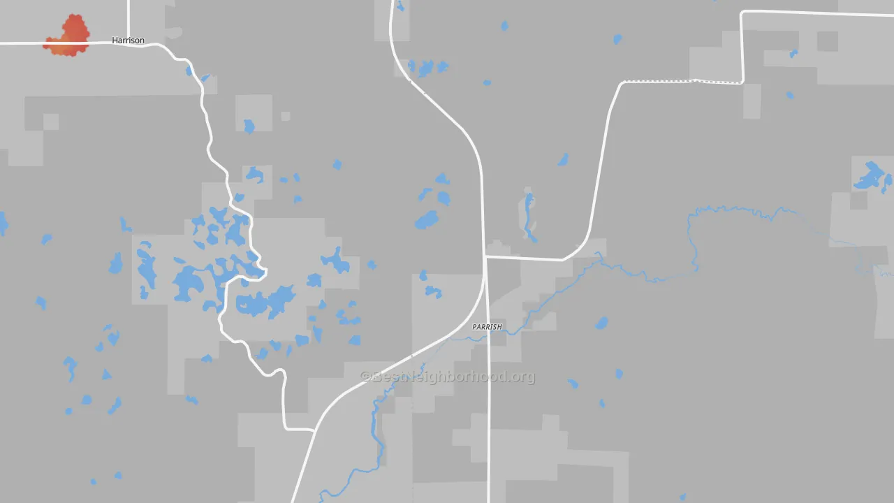 Walk Grade map of Parrish, WI, walkable areas in green and car-dependent areas in red