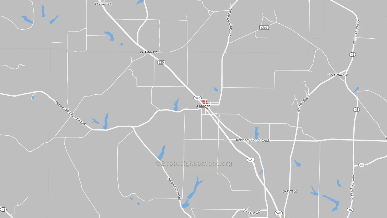 Walk Grade map of Parrott, GA, walkable areas in green and car-dependent areas in red