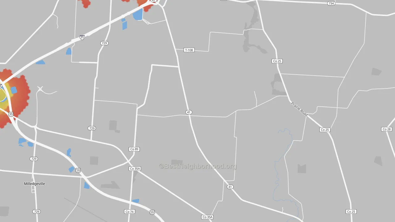 Walk Grade map of Parrott, OH, walkable areas in green and car-dependent areas in red