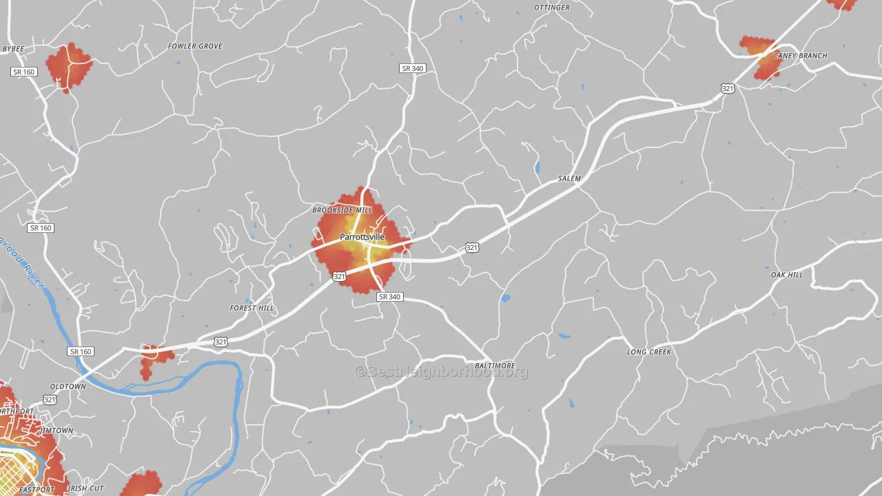 Walk Grade map of Parrottsville, TN, walkable areas in green and car-dependent areas in red