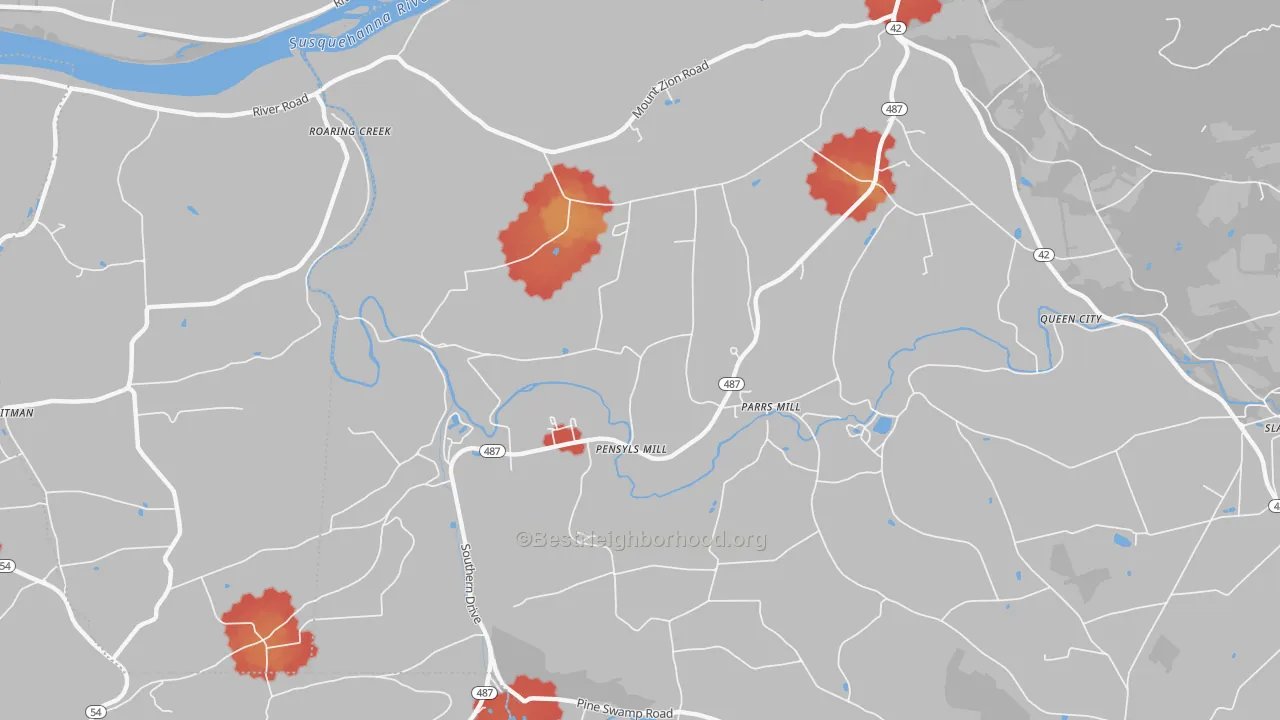 Walk Grade map of Parrs Mill, PA, walkable areas in green and car-dependent areas in red